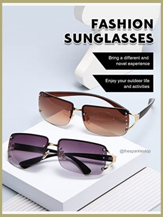 Metal and Plastic Rimless Rectangle Sunglasses with UV400 Protection